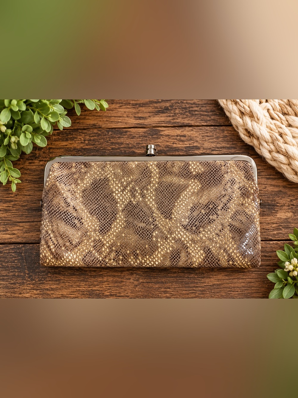 HOBO International Snakeskin Embossed Leather Kiss Lock Frame Clutch Wallet #32